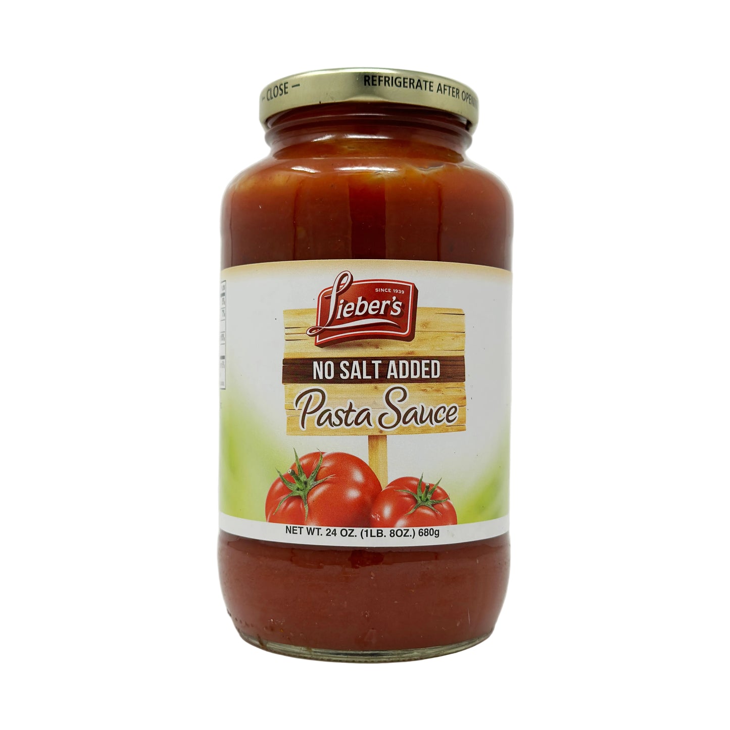 A jar of Lieber's Pasta Sauce No Salt Added, 24 oz size, with a label showing the product name and a picture of tomatoes.