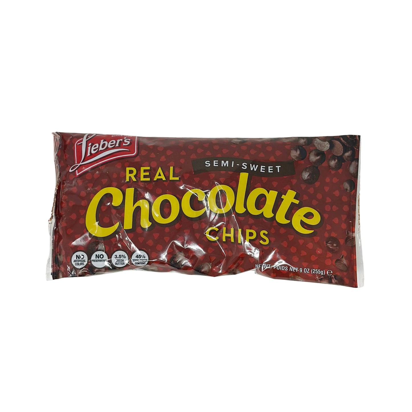 A bag of Lieber's Real Semi Sweet Chocolate Chips, with the product visible through the clear plastic packaging against a white background.