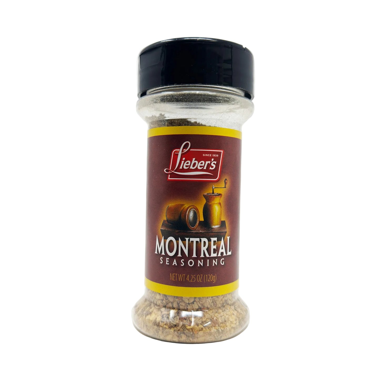 A bottle of Lieber's Montreal Seasoning, 4.25 oz, with visible branding and product information.