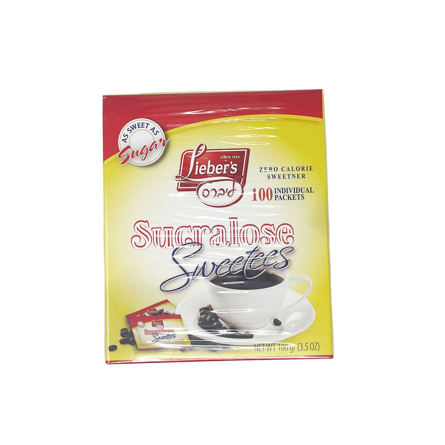 A box of Lieber's Sucralose Sweetees, 3.5 oz size, with branding and product information on the packaging.
