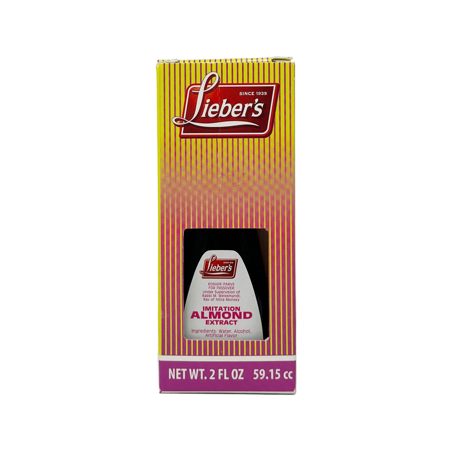 A 2 oz bottle of Lieber's Imitation Almond Extract, with the product packaging featuring the brand name and product type prominently.
