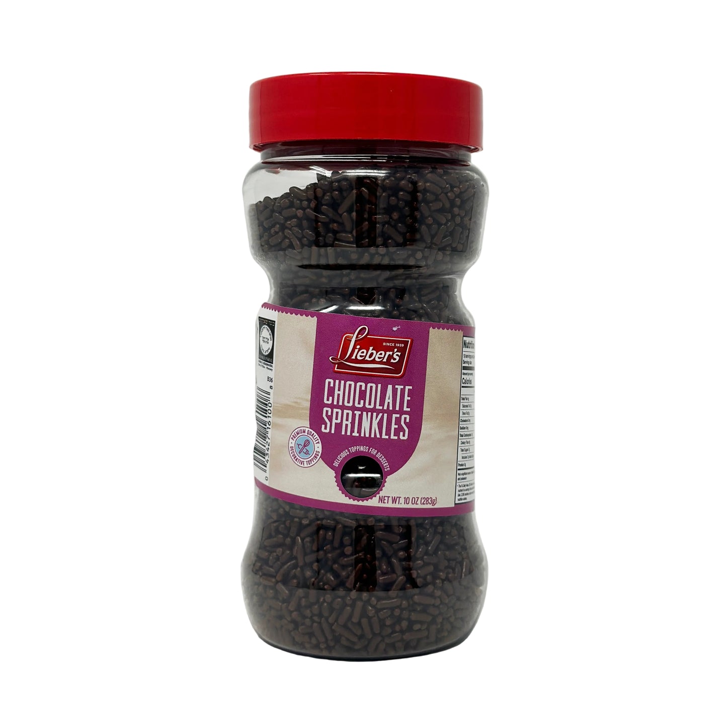 A container of Lieber's Chocolate Sprinkles, 11 oz size, with a red lid and a label displaying the product name and information.