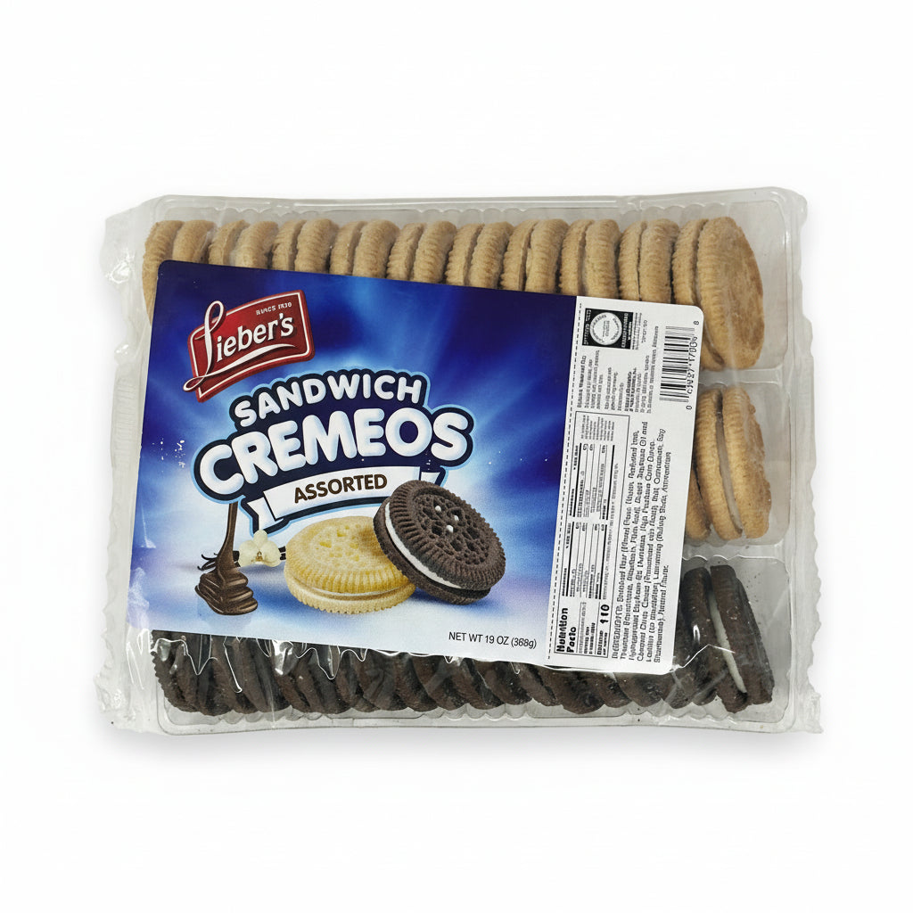 Packaging of Lieber's Sandwich Cremeos Assorted, showing the cookies visible through the clear plastic and the brand's logo.