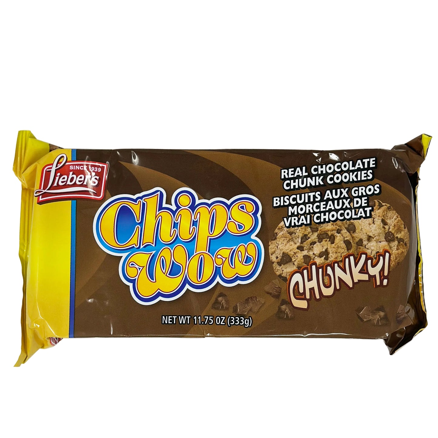 A pack of Lieber's Chips Wow Chunky, which are chocolate chip cookies, with the text 'REAL CHOCOLATE CHIPS' and 'CHUNKY!' prominently displayed on the packaging.