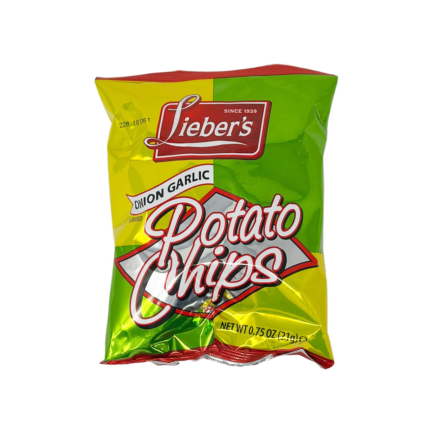 A bag of Lieber's Onion Garlic Chips with a green, yellow, and red color scheme. The product is displayed against a white background.