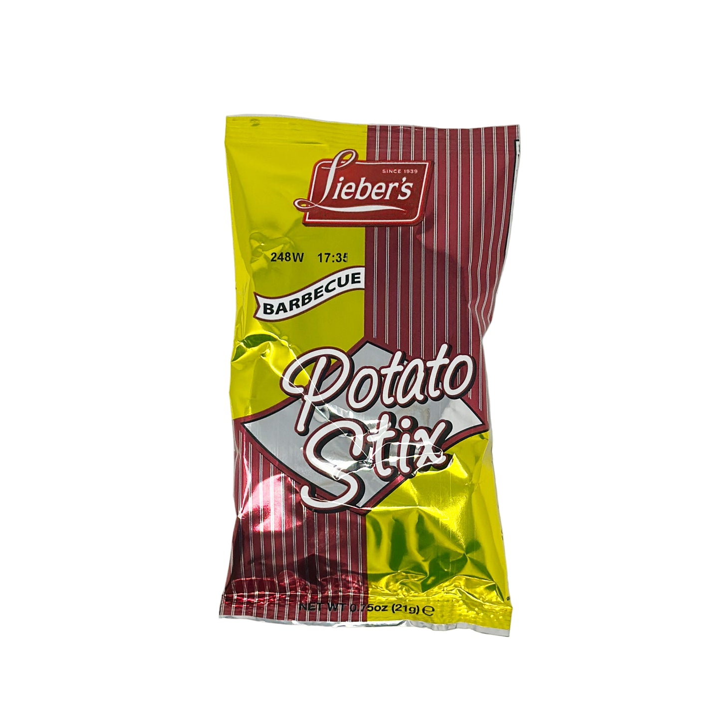A package of Lieber's Potato Stix Barbecue flavored potato chips. The packaging is primarily yellow and red with the product name and brand prominently displayed.