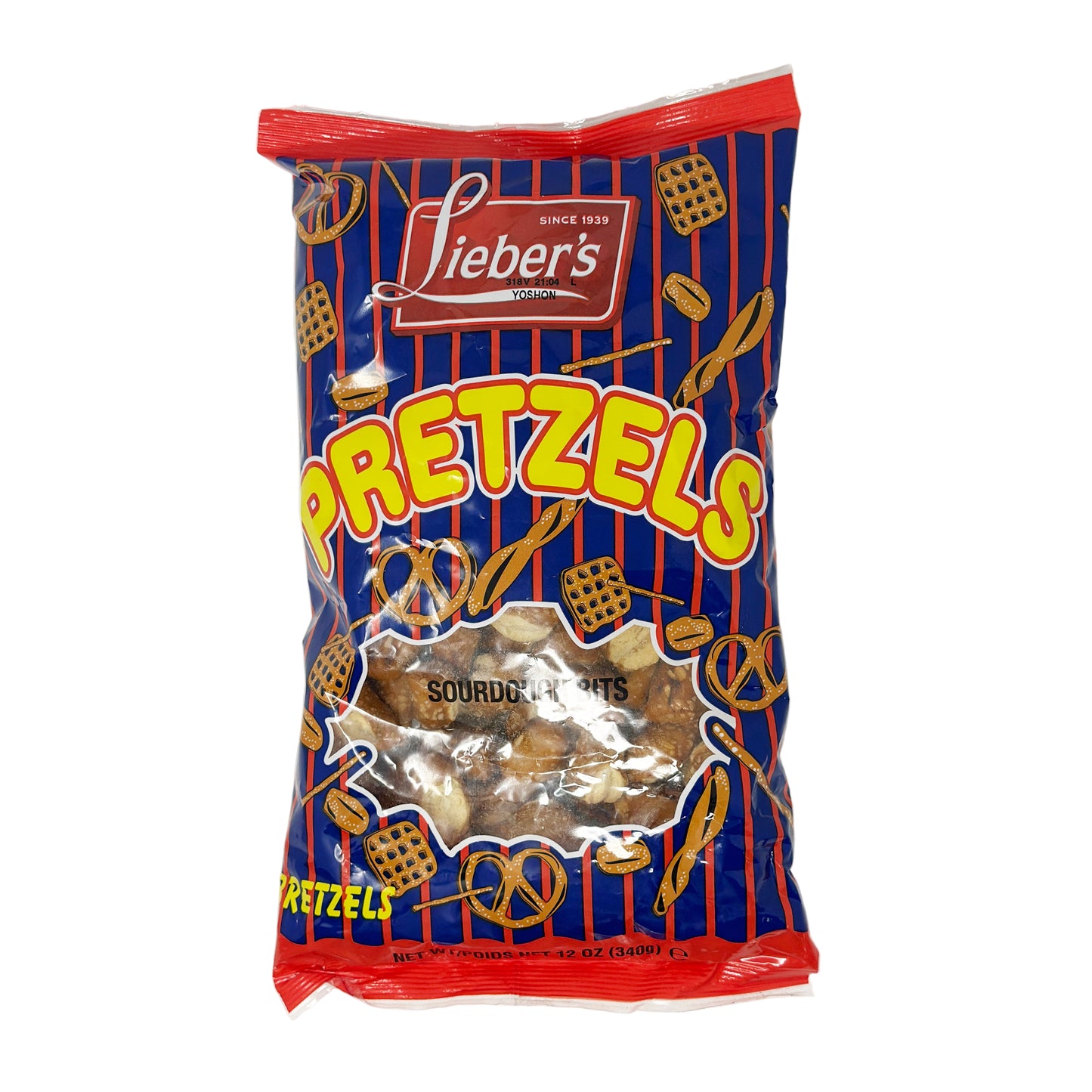 A package of Lieber's Pretzels Sourdough Bits. The packaging is predominantly red and blue with images of pretzels and the product name displayed prominently.