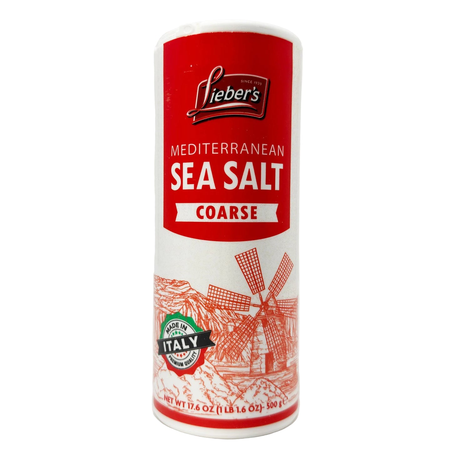 A cylindrical container of Lieber's Mediterranean Sea Salt Coarse with a red background, featuring images of windmills and a representation of the product's Italian origin.