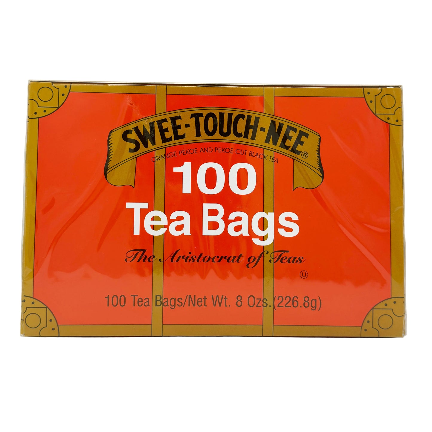Packaging of Swee-touch-nee Orange Pekoe Black Tea in an 8 oz box with branding and product information.