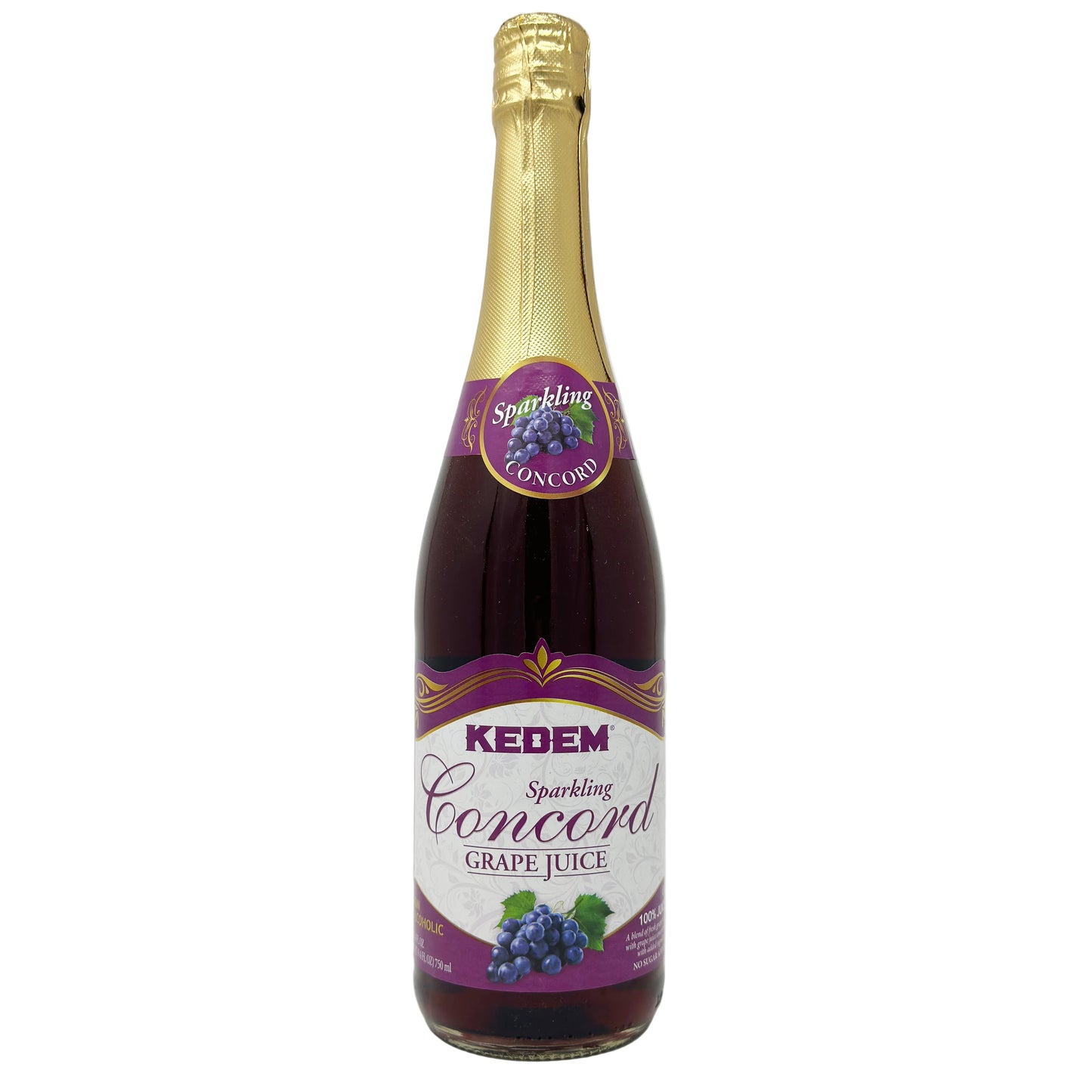 A bottle of Kedem Sparkling Concord Grape Juice with a purple label and gold foil cap.