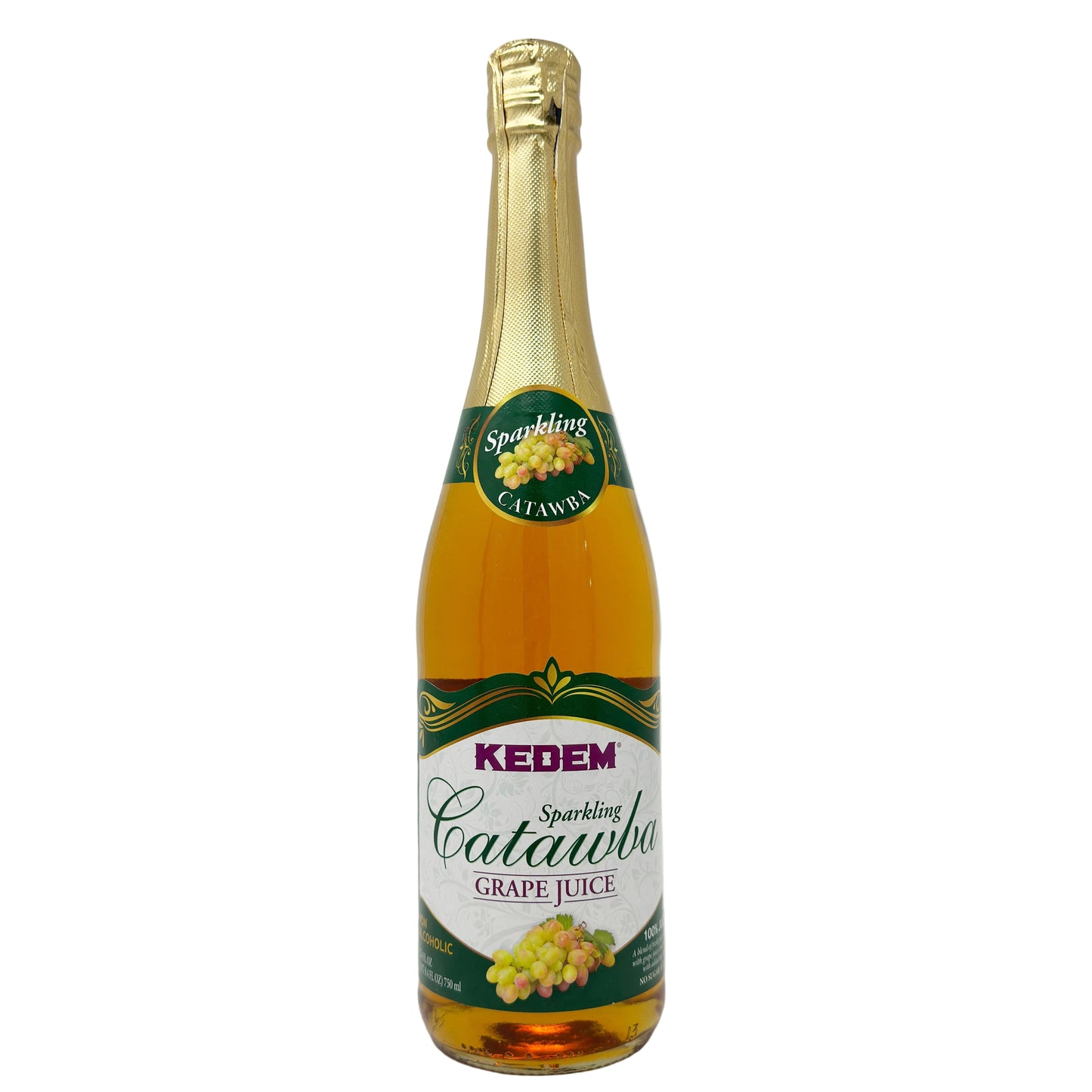 A bottle of Kedem Sparkling Catawba Grape Juice with a gold foil cap and a green label.