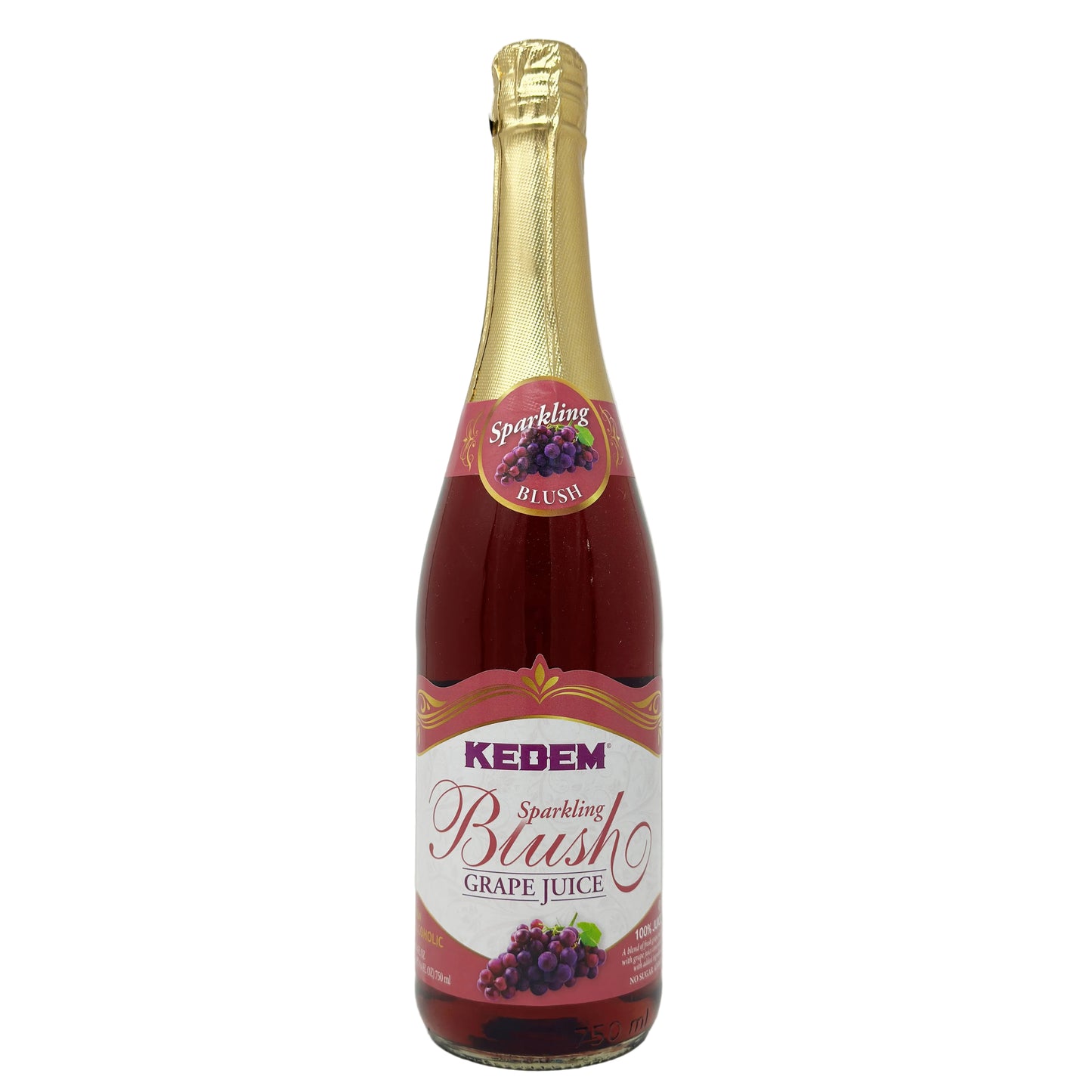 A bottle of Kedem Sparkling Blush Grape Juice with a label showing the brand name and 'Sparkling Blush' grape juice variety. The bottle is sealed with a gold foil cap.