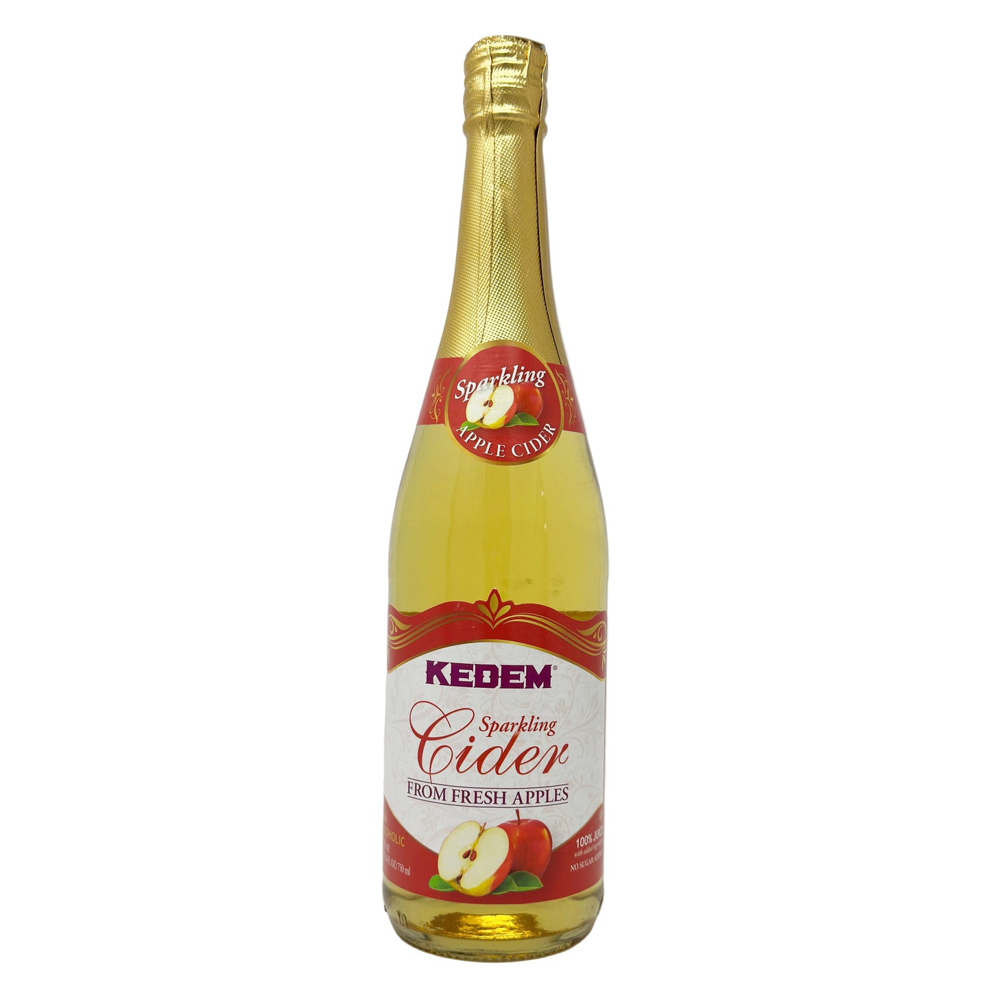 A bottle of Kedem Sparkling Apple Cider with a label showing apples and the brand name.