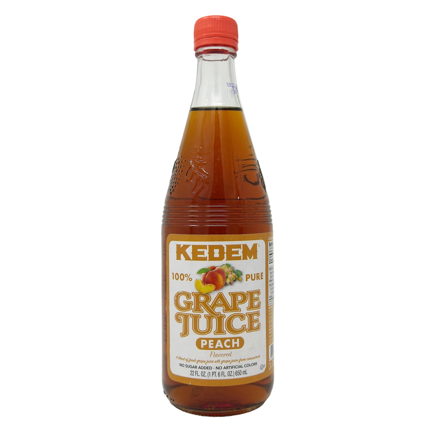 A 22 oz bottle of Kedem Grape Juice with peach flavor. The label shows the brand name 'Kedem' and the flavor 'Peach'.