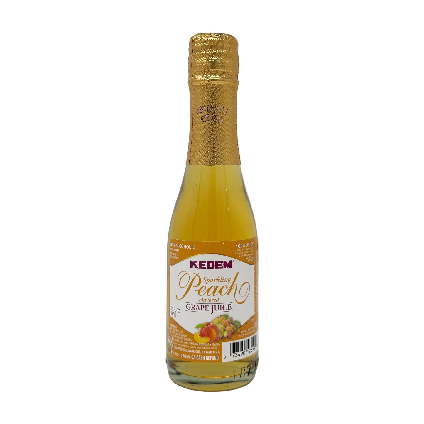 A bottle of Kedem Mini Sparkling Peach Flavored Grape Juice, 6.3 oz size, with label and cap visible.