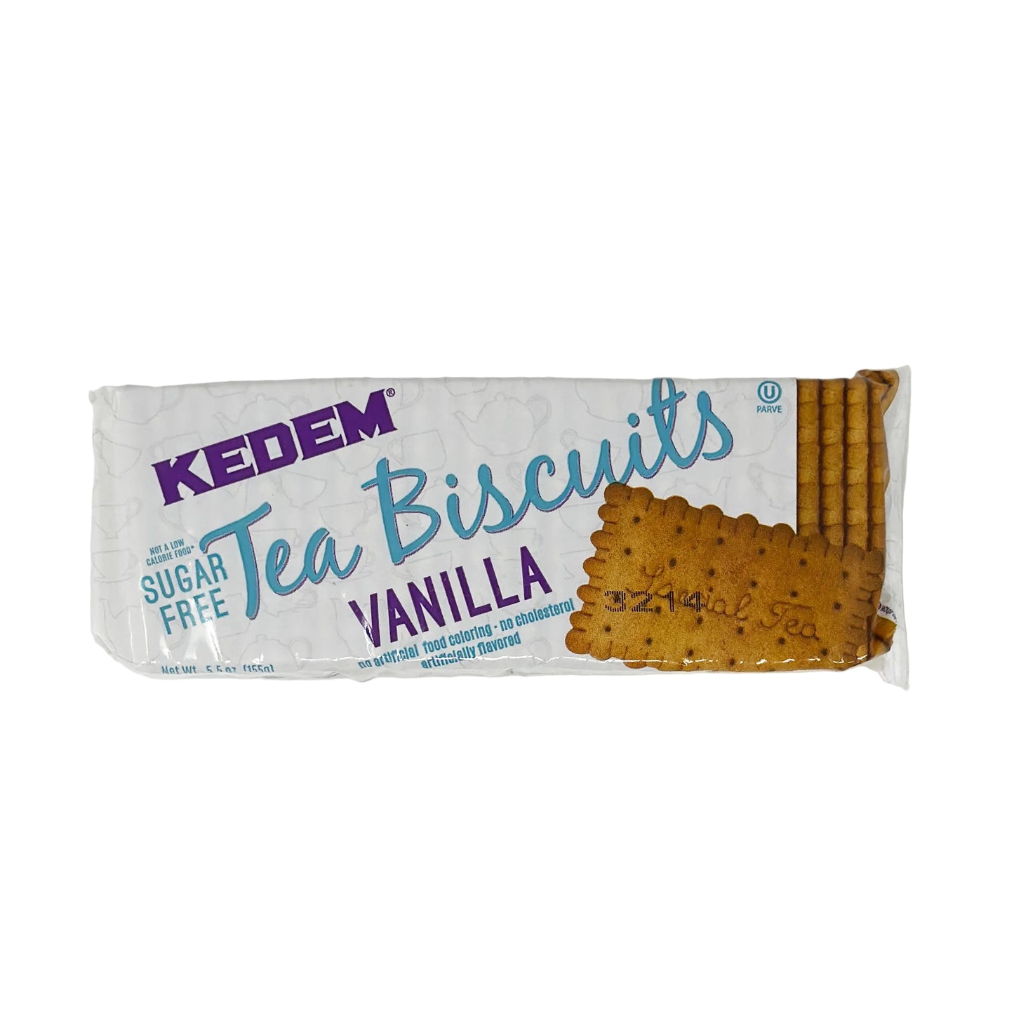 A package of Kedem Tea Biscuitts Sugar Free Vanilla flavor, showing the brand name, product title, and a vanilla-flavored biscuit visible through the packaging.