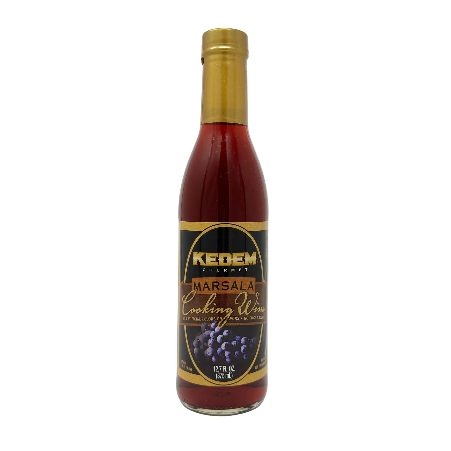A bottle of Kedem Marsala Cooking Wine, 12.7 fl oz, with a label showing grapes and the brand name.