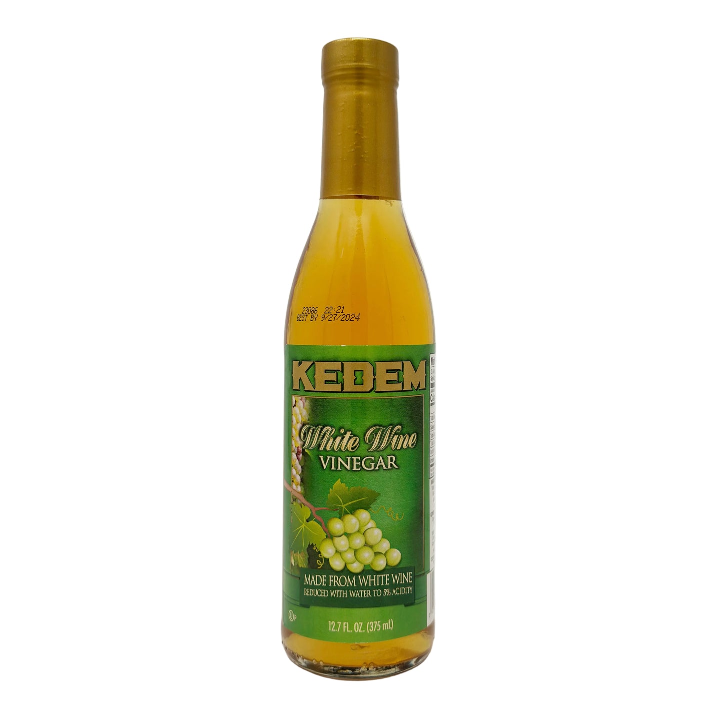 A bottle of Kedem White Wine Vinegar with a label showing grapes and text.