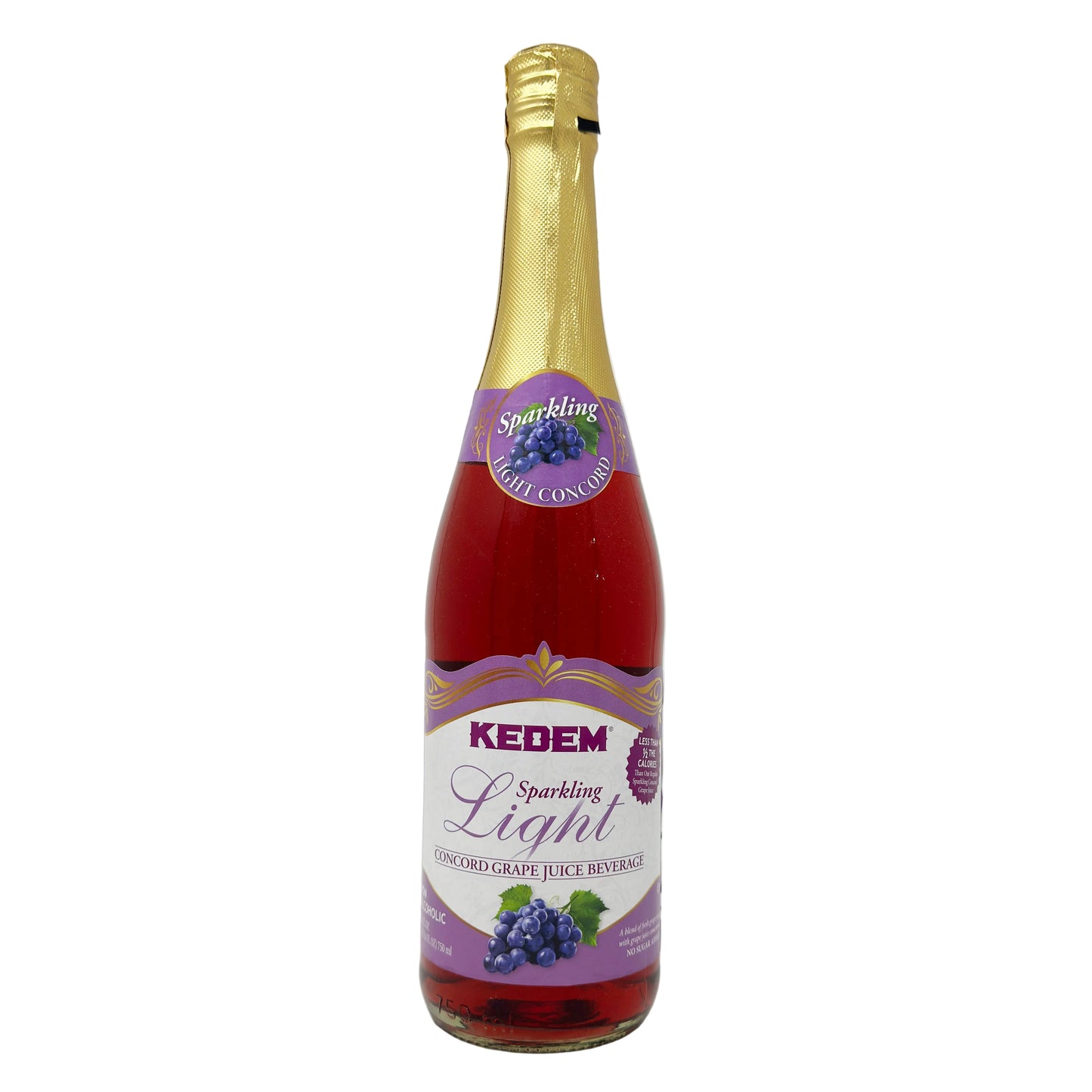 A bottle of Kedem Sparkling Light Concord Grape Juice with a purple label and gold text, indicating the flavor and brand.