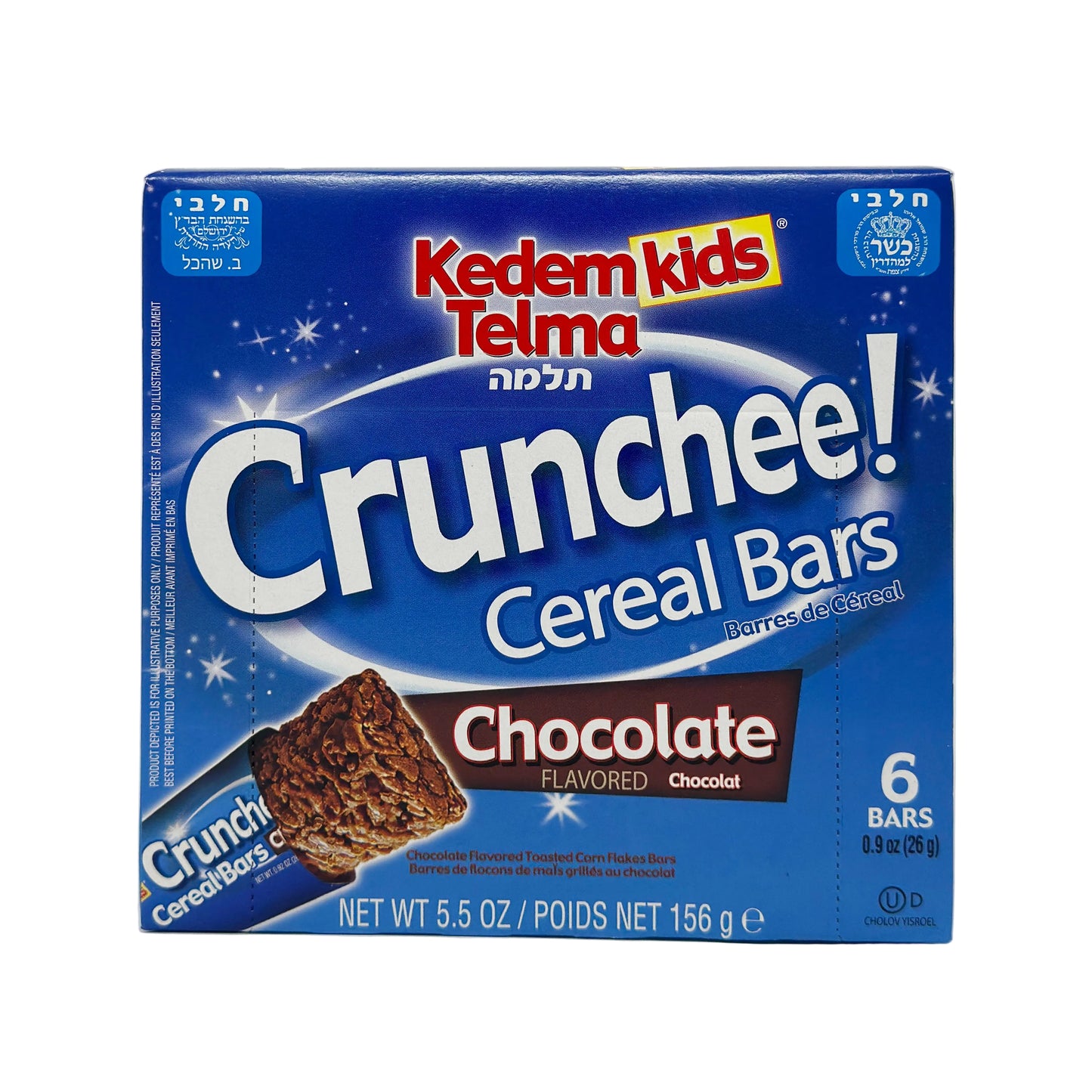 A box of Kedem Telma Crunchee Chocolate Cereal Bars. The package is predominantly blue with images of the chocolate bars and the text 'Chocolate Flavored'.