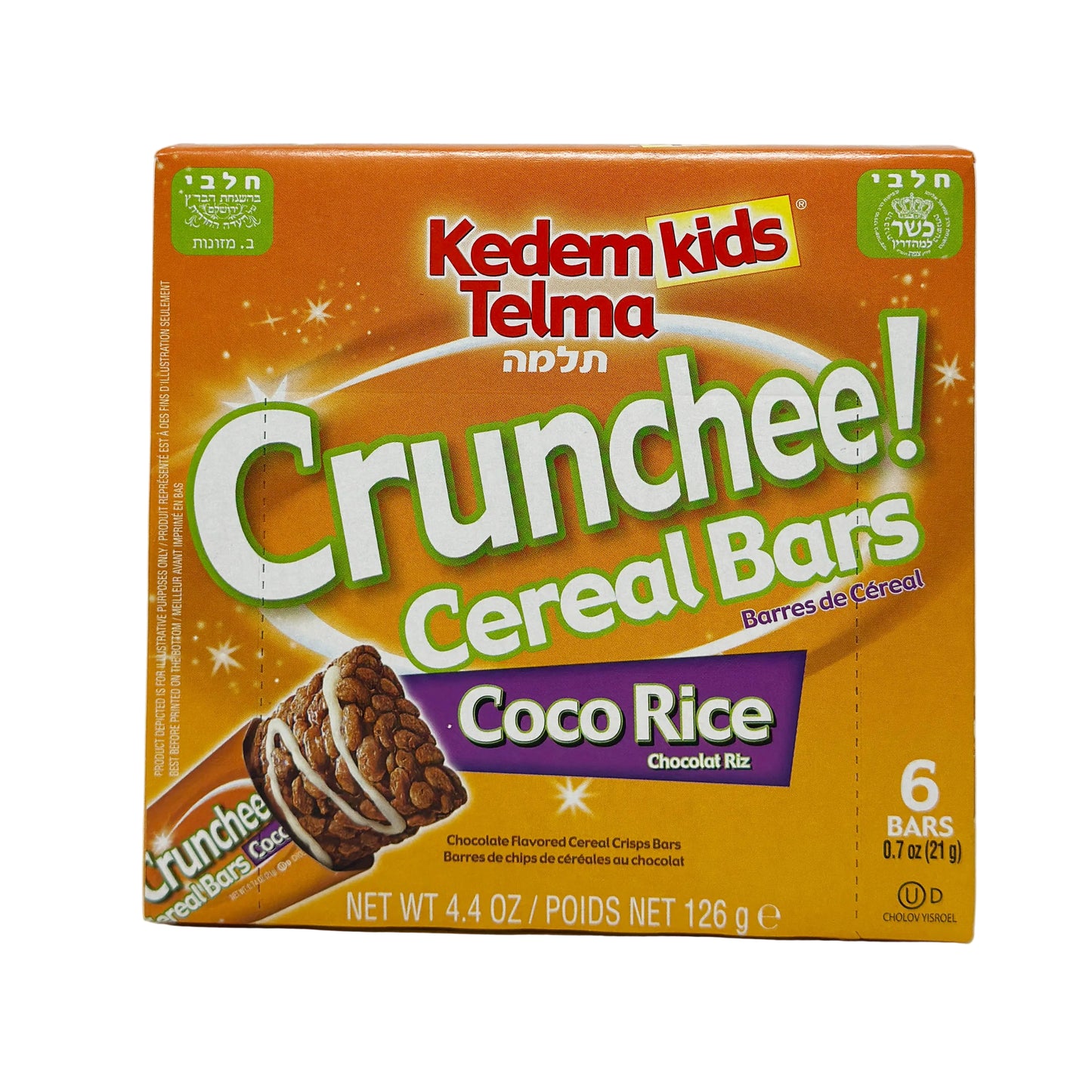 Packaging of Kedem Telma Crunchee Bars Coco Rice featuring the product's name and an image of the bar with coconut and rice toppings. The package is orange with green and purple accents, and it indicates that the product is kosher.
