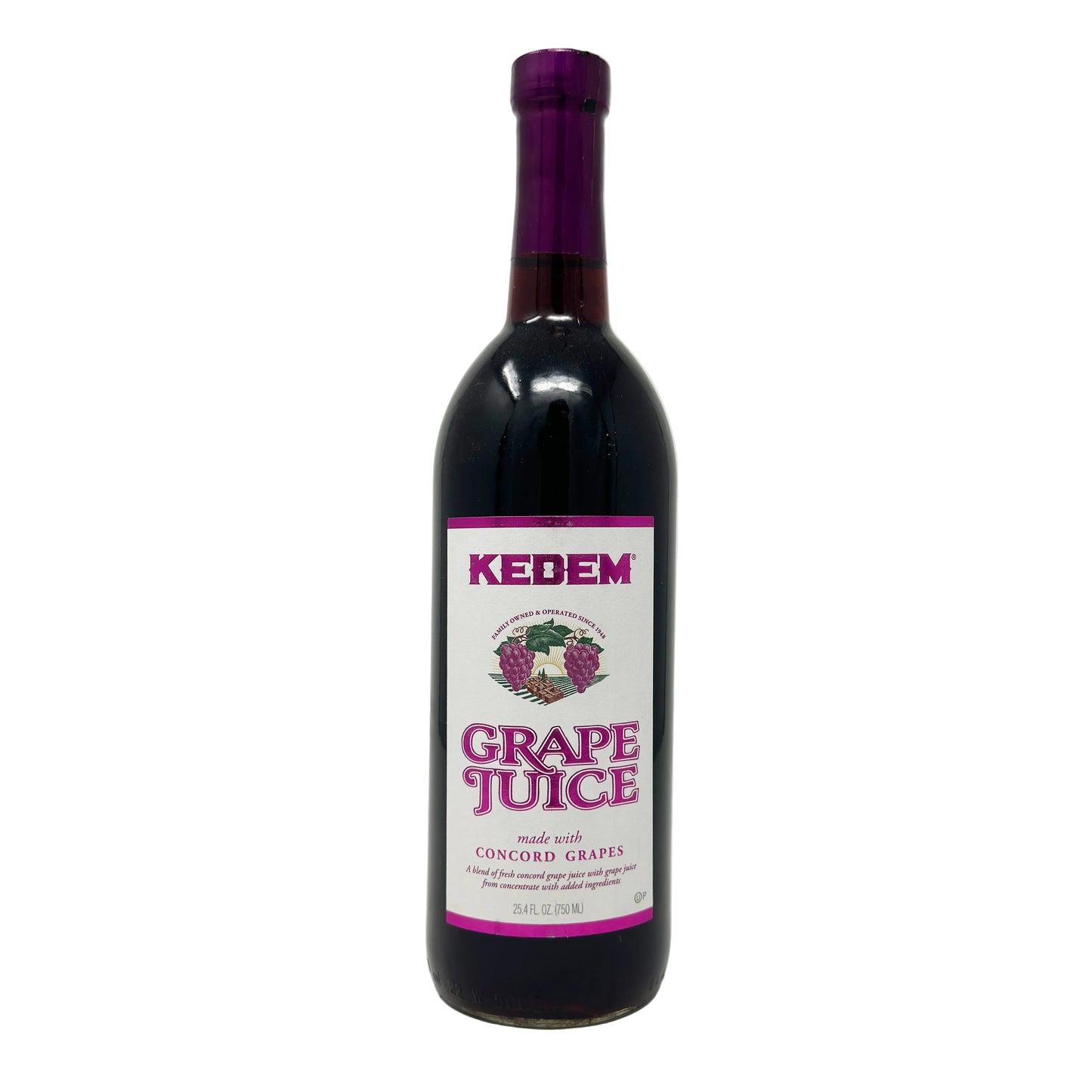 A 25.4 oz glass bottle of Kedem Concord Grape Juice with a purple label.