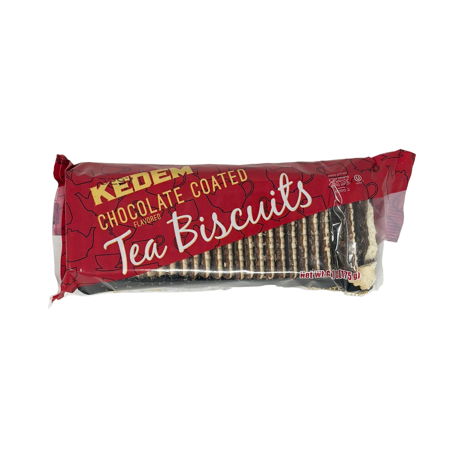 A package of Kedem Chocolate Coated Tea Biscuits. The package is predominantly red and black, with images of the chocolate coated biscuits visible through the clear plastic.