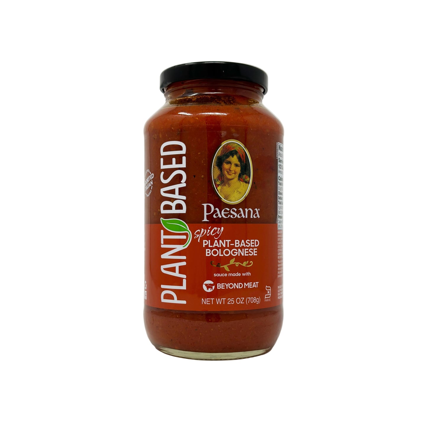 A jar of Paesana Plant Spicy Based Bolognese sauce, 25 oz size, with a label that includes the brand name and an image of a tomato.