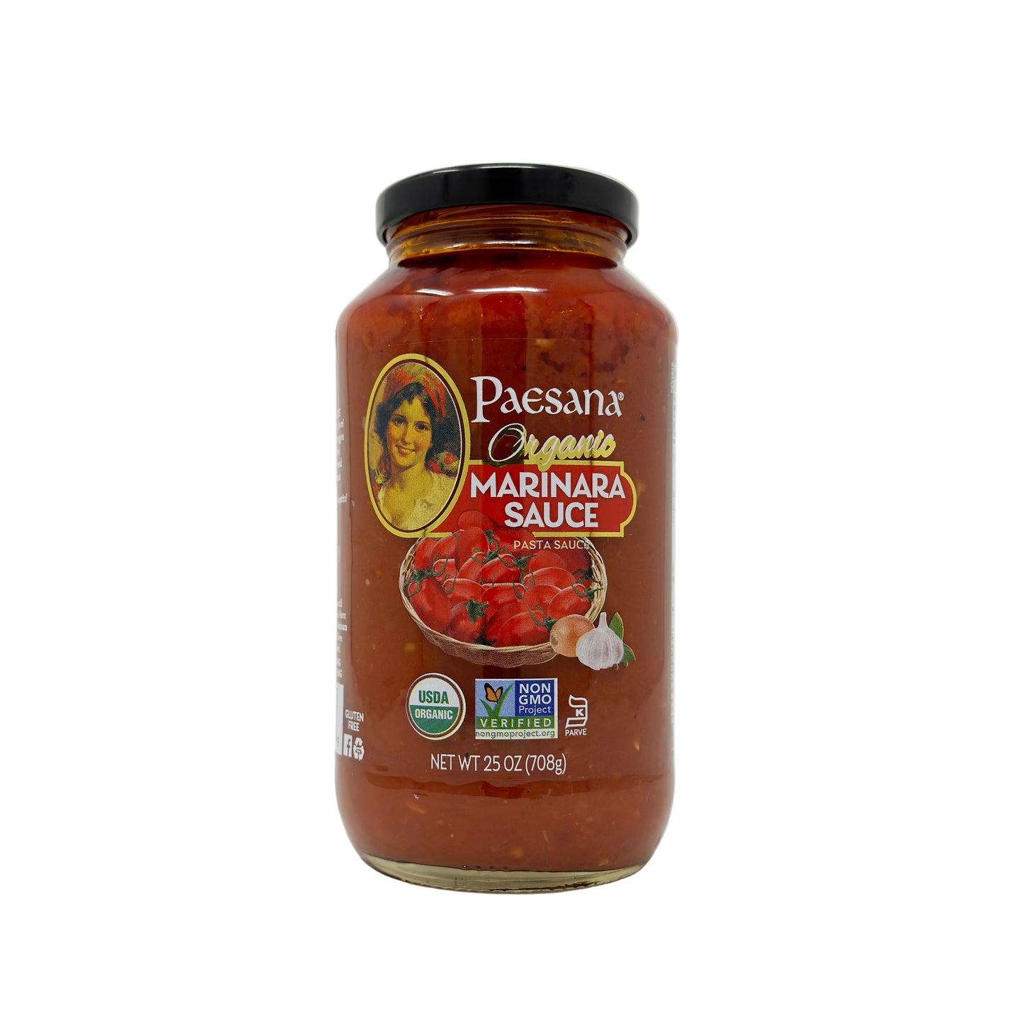 A jar of Paesana Organic Marinara Sauce with a label displaying the product name and an image of tomatoes. The jar is sealed and has a black lid.