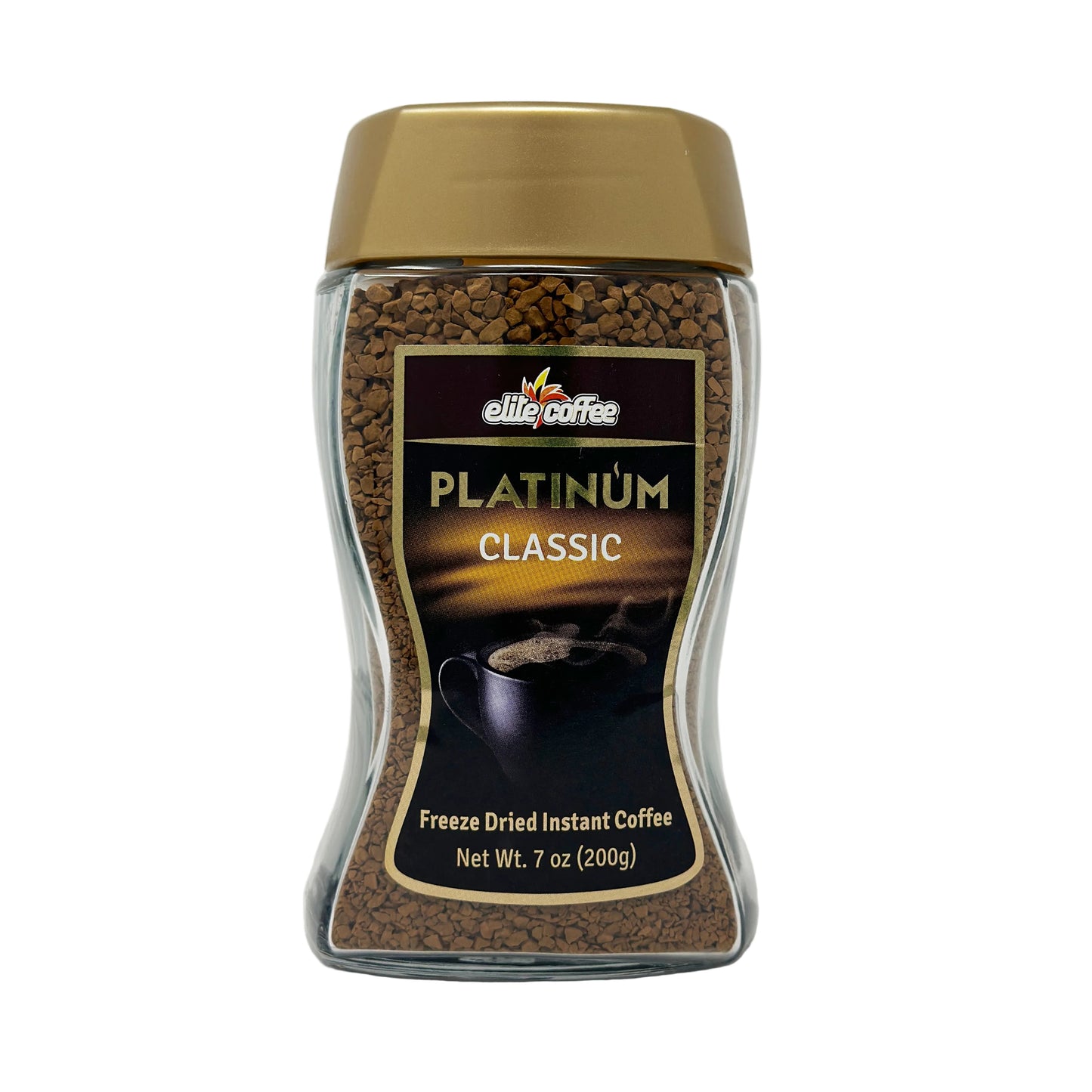 A clear plastic jar of Elite Platinum Classic Coffee with a gold-colored lid. The label indicates the coffee is freeze-dried and has a rich flavor.