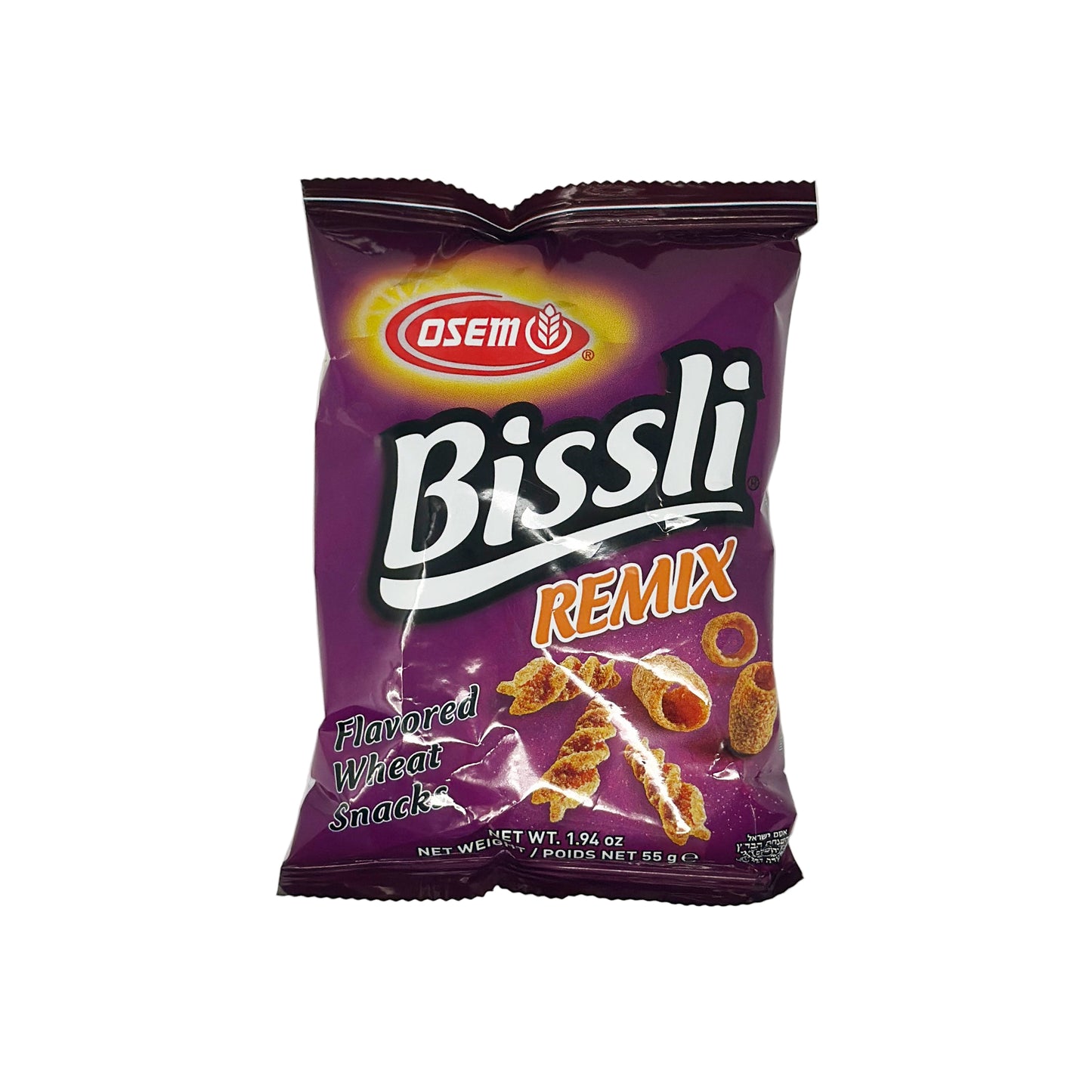 A package of Osem Bissli Remix snack, showing the product name and images of the snack, which appears to be crispy wheat snacks.