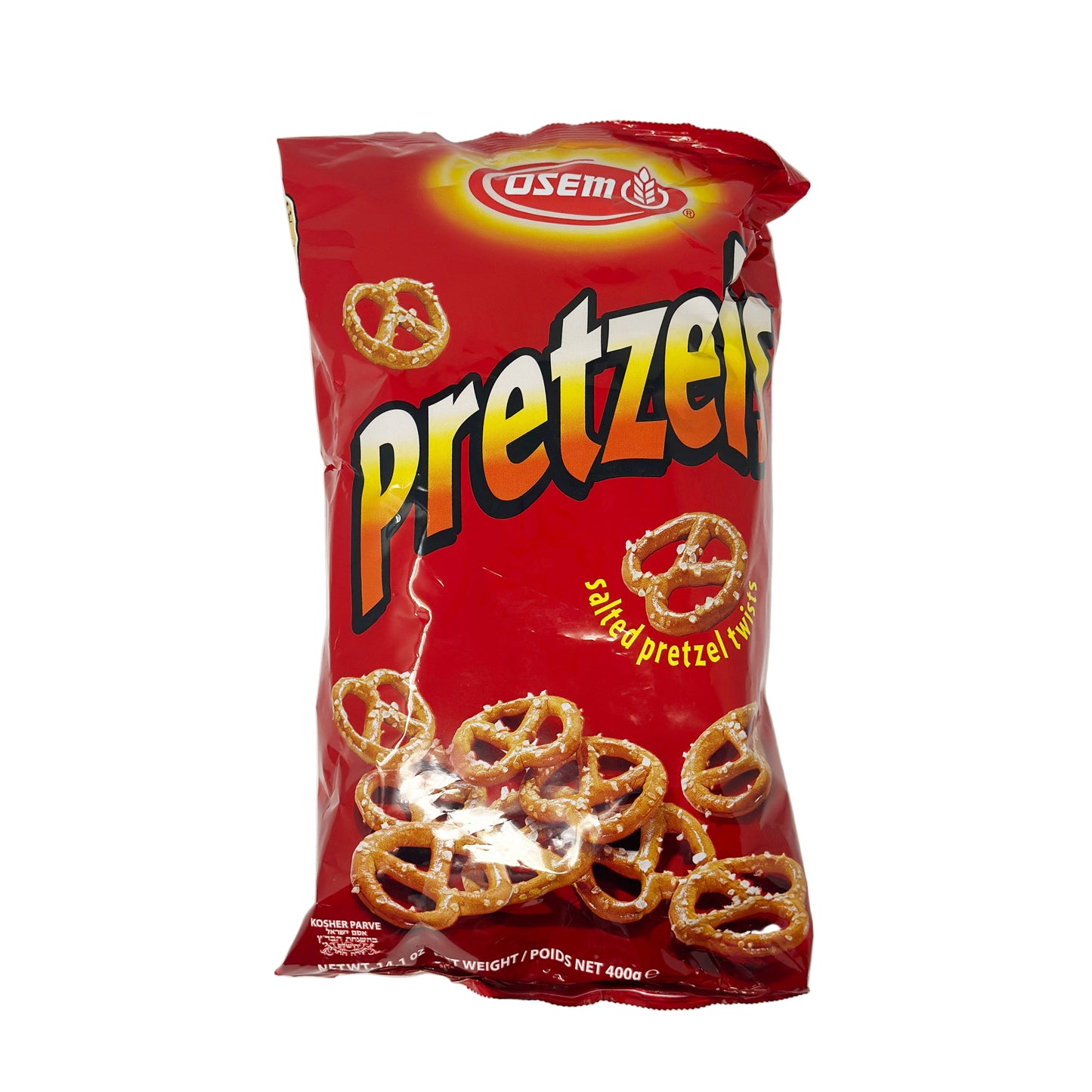 A bag of Osem Salted Pretzels Twist with an image of the pretzels on the front.