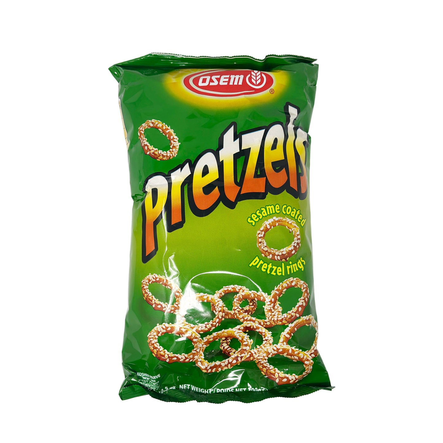 A pack of Osem Prestzels Sesame Rings 10.5 oz with the product visible through the packaging.
