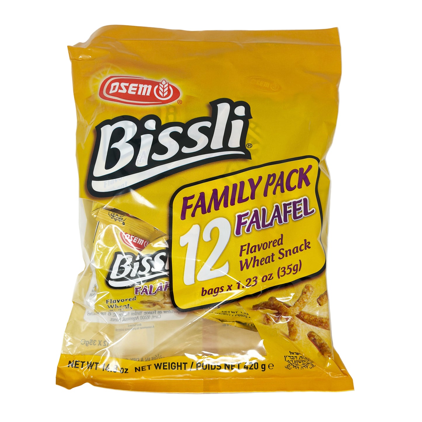 A package of Bissli Family Pack Falafel, which is a wheat snack. The package is yellow with the product name and weight information visible.