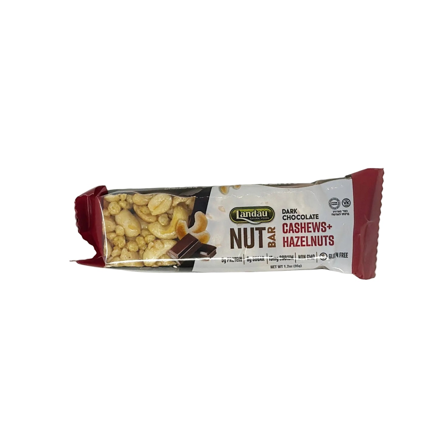 A Landau Nut Bar with cashews and hazelnuts, chocolate coated, and labeled as containing 7 grams of protein and 4 grams of fiber.