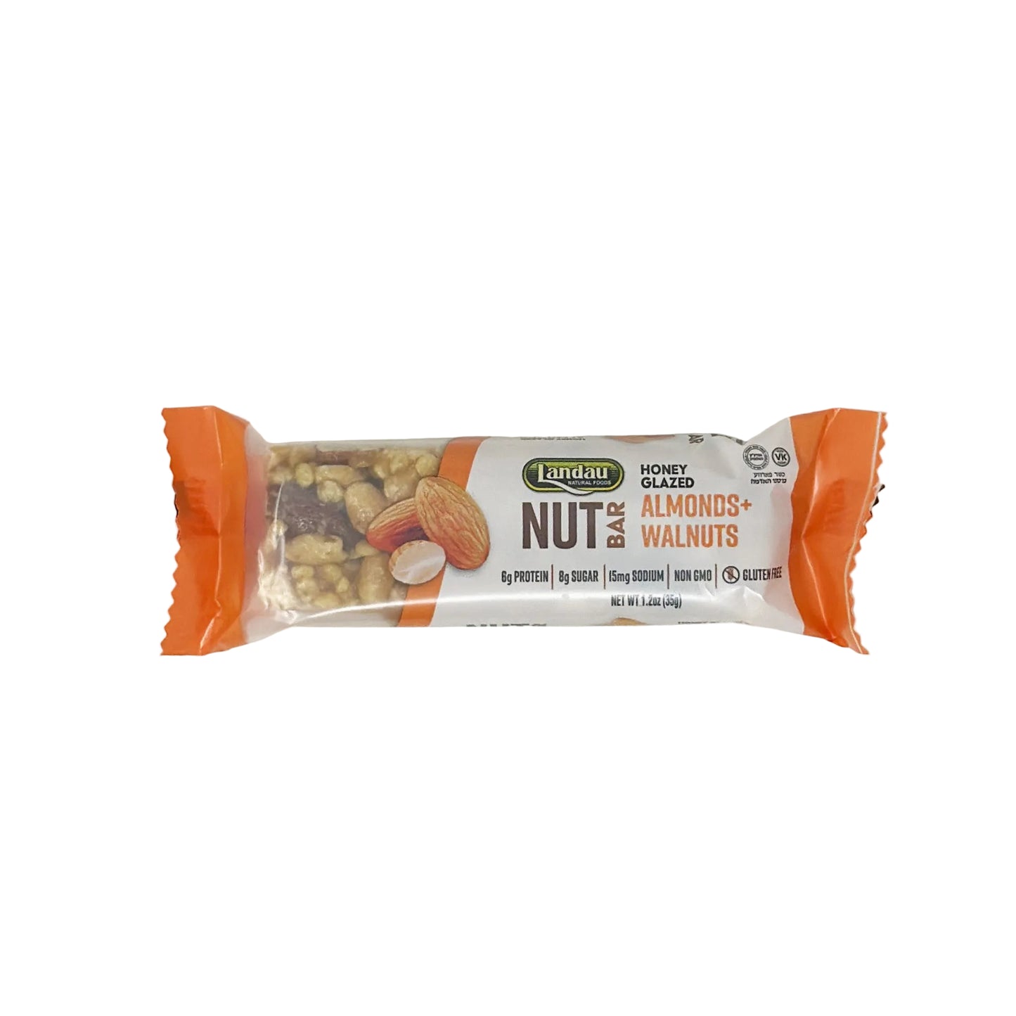 A packaged Landau Nut Bar with almonds and walnuts on the label, against a white background.