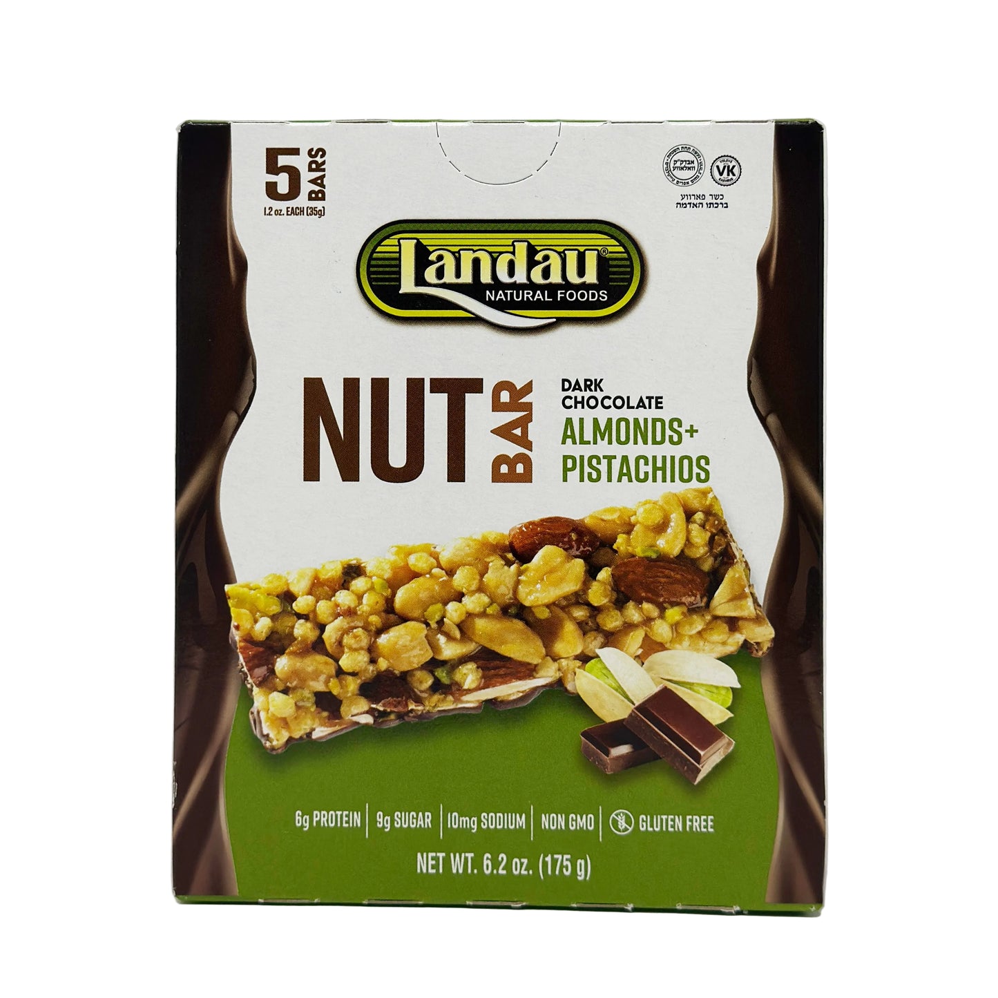 Packaging of Landau Nut Bar with almonds and pistachios, displaying the product and its features such as being a source of protein and healthy fats.