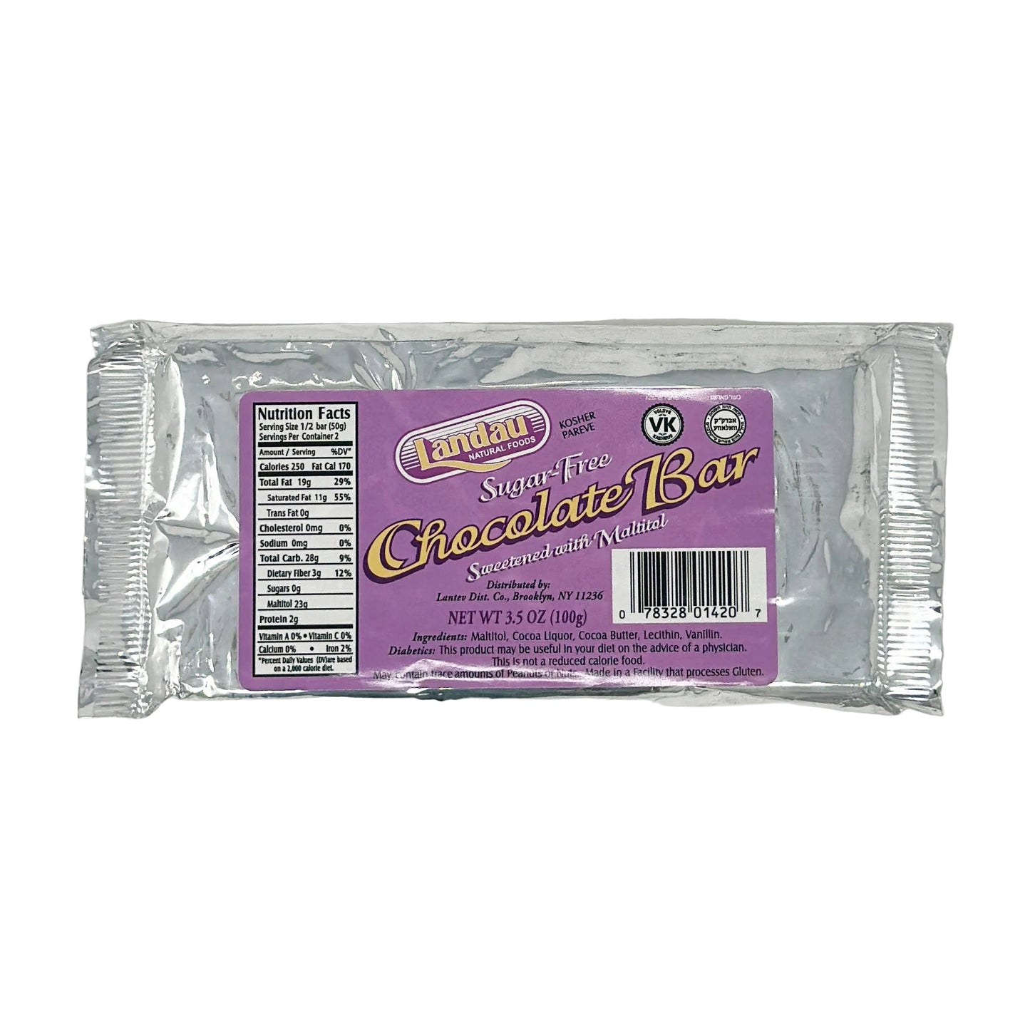 A Landau Sugar Free Chocolate Bar in a silver wrapper with a purple label displaying product details.
