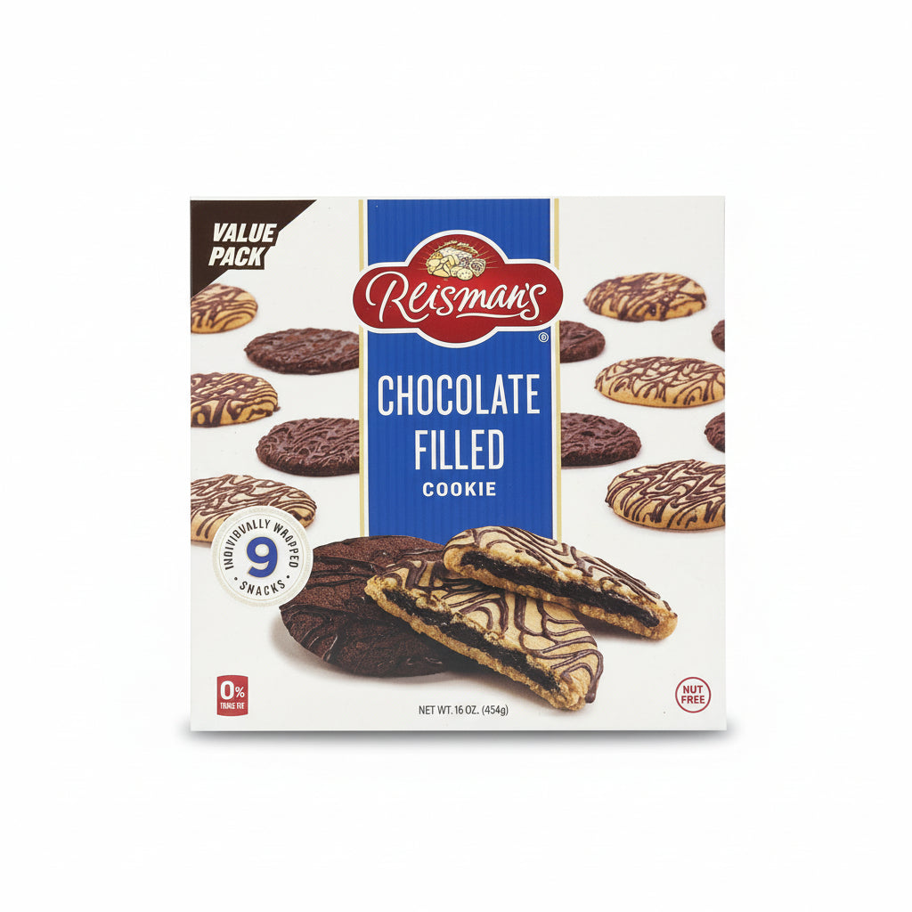 A pack of Reisman's Chocolate Filled Cookies, 16 oz, with the cookies visible through the transparent window of the box.