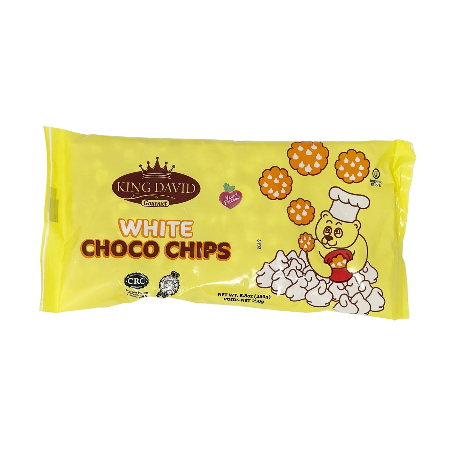 Packaging of King David White Chocolate Chips featuring the brand's logo, product name, and an illustration of a chef with chips.