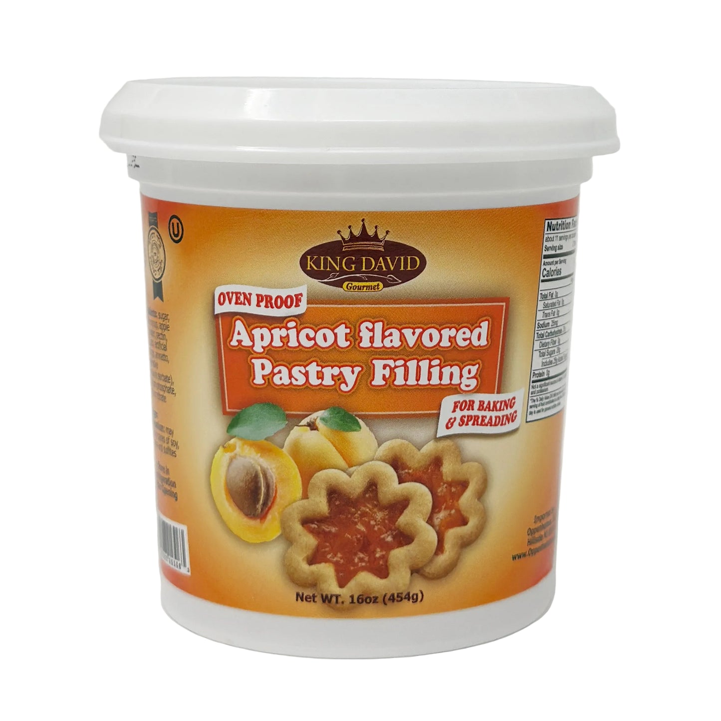 A jar of King David Apricot Flavored Pantry Filling, 16 oz size, with labeling and branding visible.