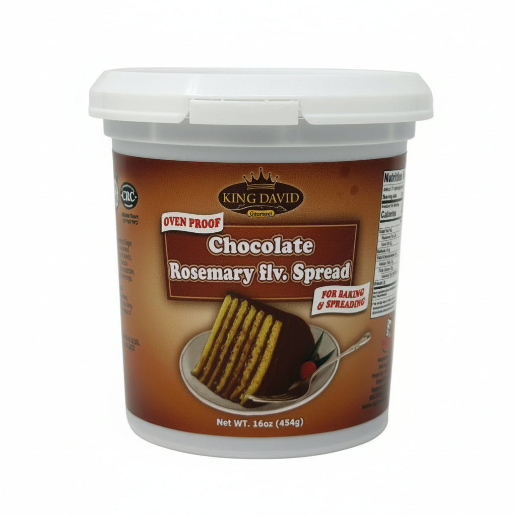 A plastic jar of King David Chocolate Rosemary Spread with a label showing the product name and an image of a chocolate cake. The jar is sealed and has a white lid.