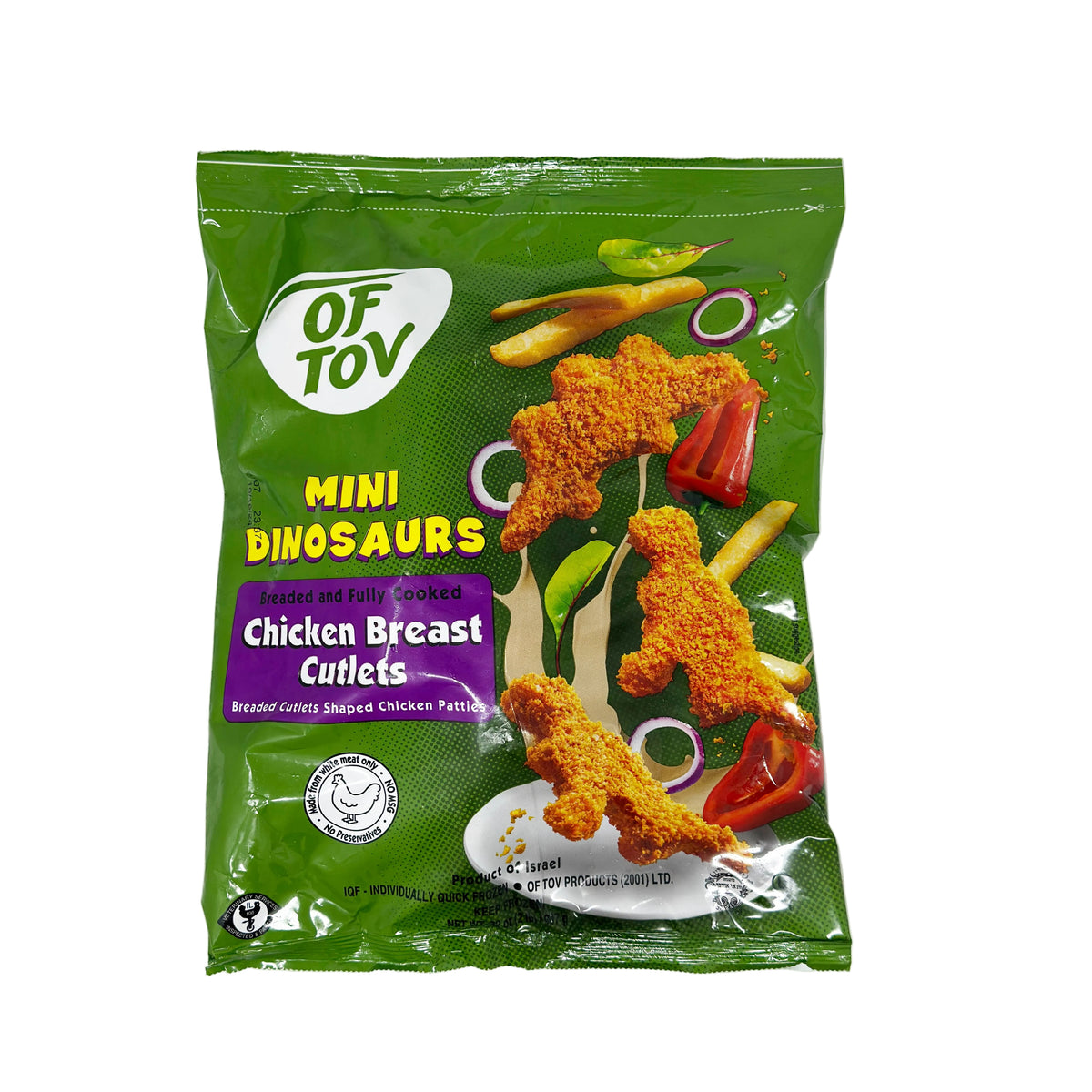 Packaging of Of Tov Mini Dinosaurs Chicken Breast Cutlets showing the product and dinosaid-shaped cutlets through a transparent window, with green color and decoration elements.