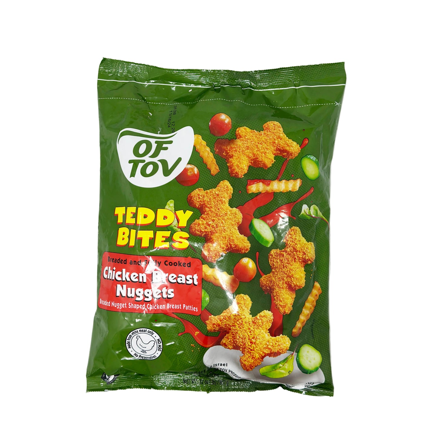 Packaging for Of Tov Teddy Bites Chicken Breast Nuggets. The 32 oz pack is predominantly green with images of the chicken breast nuggets and vegetables.