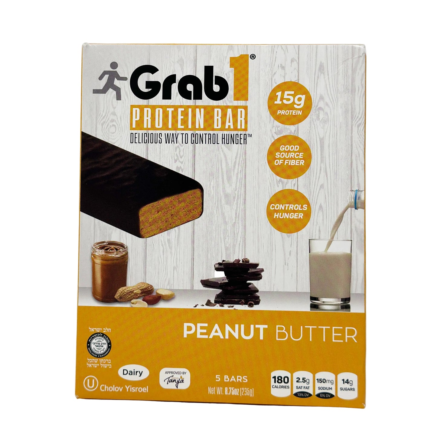 Packaging for Grab 1 Protein Bar in Peanut Butter flavor, displaying the bar's features such as being delicious, source of protein, and dairy veritas. The package indicates the bar is 15g protein, has 10g of sugar, and is a chocolate flavor.