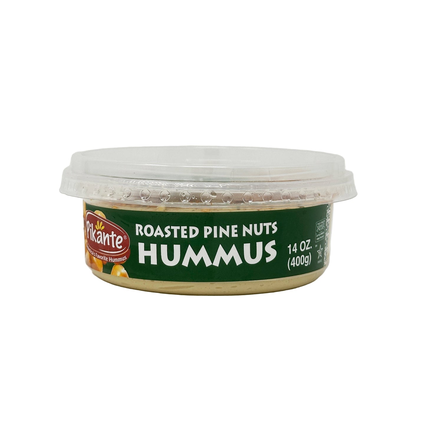 A transparent container of Pikante Roasted Pine Nuts Hummus, with a green and white label displaying the product name and weight of 14 oz (397g).