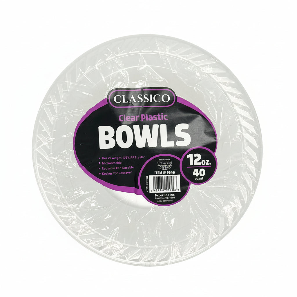 A pack of Classico clear plastic bowls with a label indicating 12oz capacity and including 40ct.