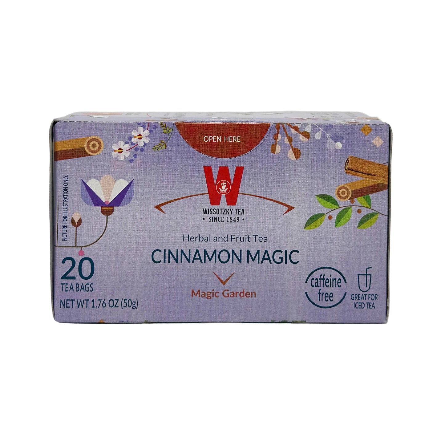 A box of Wissotzky Cinnamon Magic Tea with a graphic design featuring flowers, a tea plantation, and the scent of cinnamon. It indicates that there are 20 tea bags and that the product is caffeine-free.