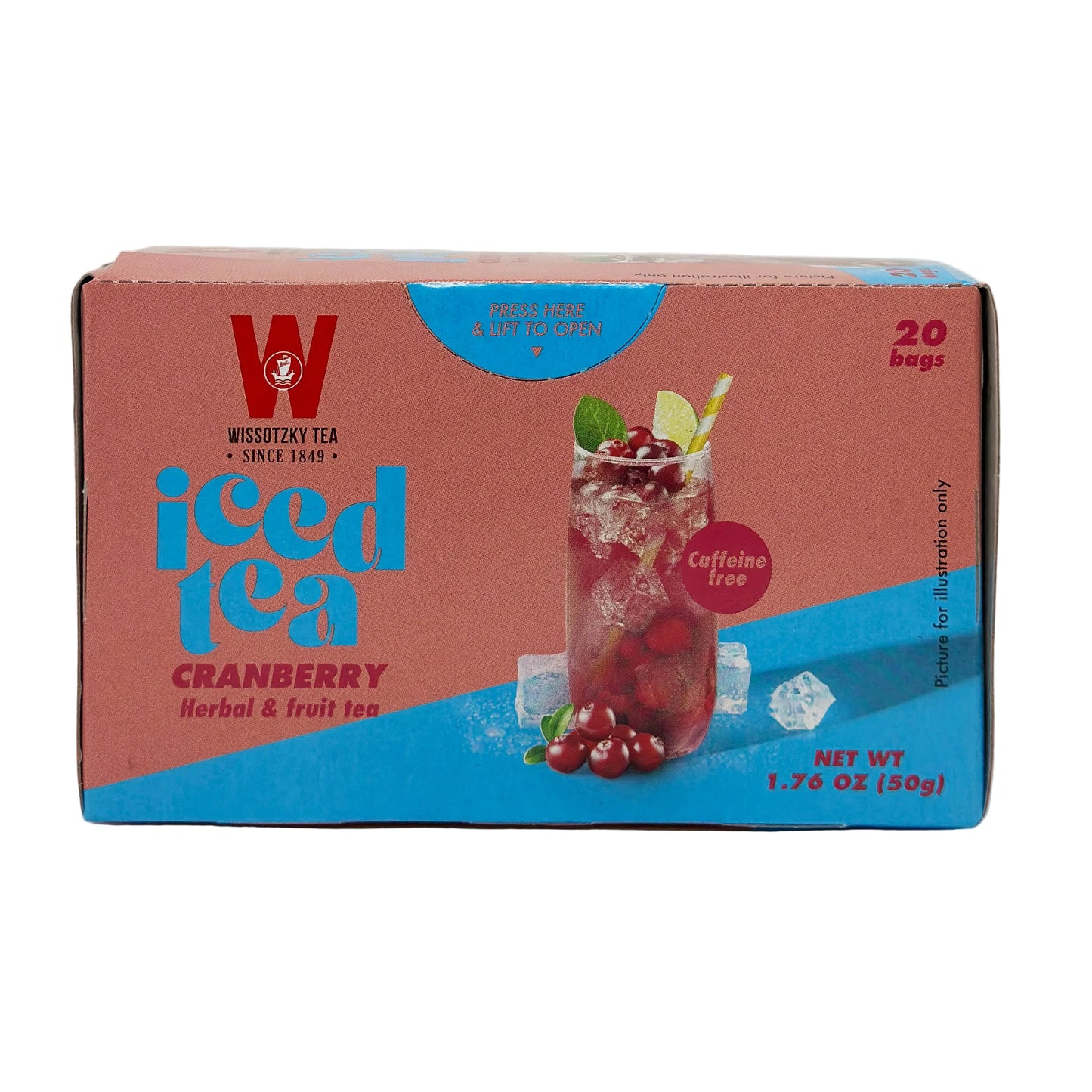 A package of Wissotzky Cranberry Iced Tea with an image of a glass of iced tea with cranberries and a sprig of mint on the front.