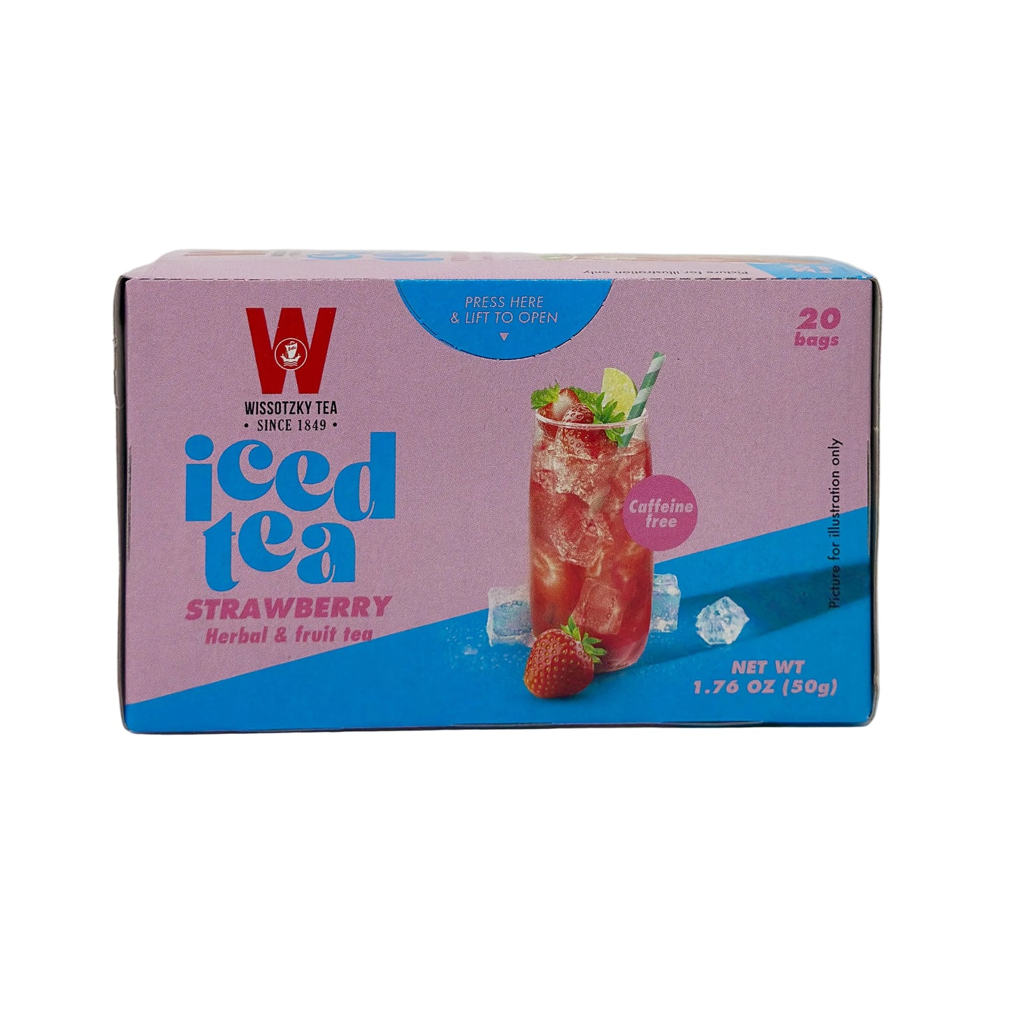 Box of Wissotzky Strawberry Iced Tea with an image of a glass of iced tea and strawberries on the front, indicating the flavor and size of the product (1.76 oz).
